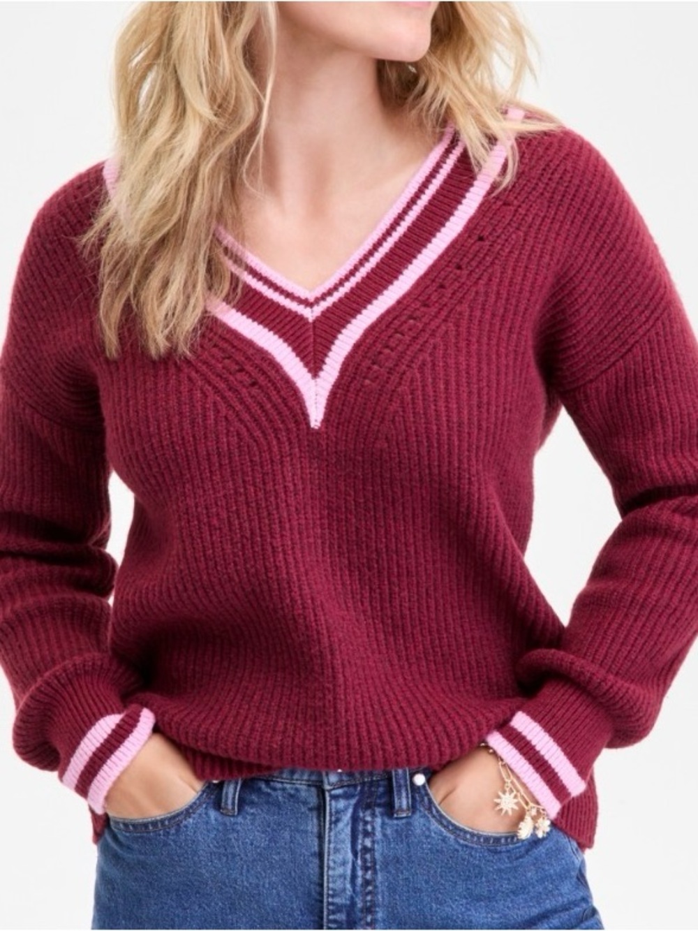 On 34th V-Neck Burgundy Sweater with Pink Stripe Trim XS EUC